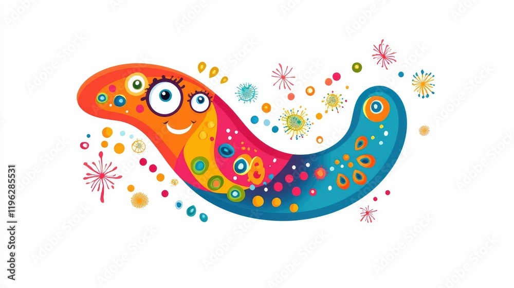 A happy cartoon microbe with bright eyes and whimsical designs, perfect for educational themes, on white. A happy cartoon microbe with bright eyes and whimsical designs, perfect for educational themes, on white.