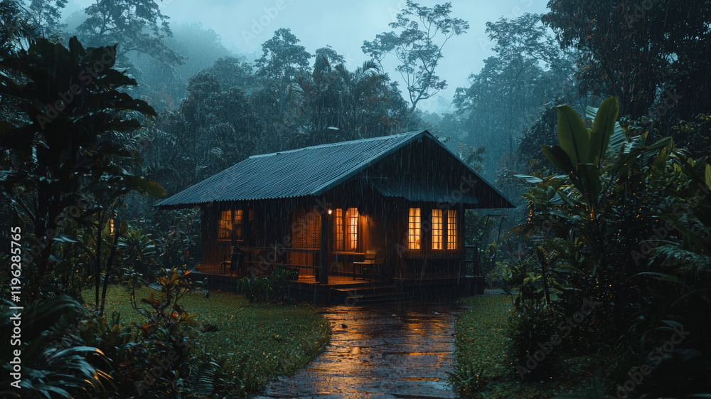 Cozy Tropical Bungalow with Warm Light Glowing in Rain Forest During Evening Time Cozy Tropical Bungalow with Warm Light Glowing in Rain Forest During Evening Time