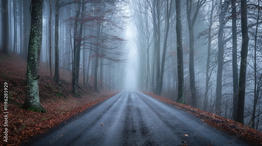 Naklejka premium Long Straight Avenue Disappearing into Dense Foggy Forest Landscape