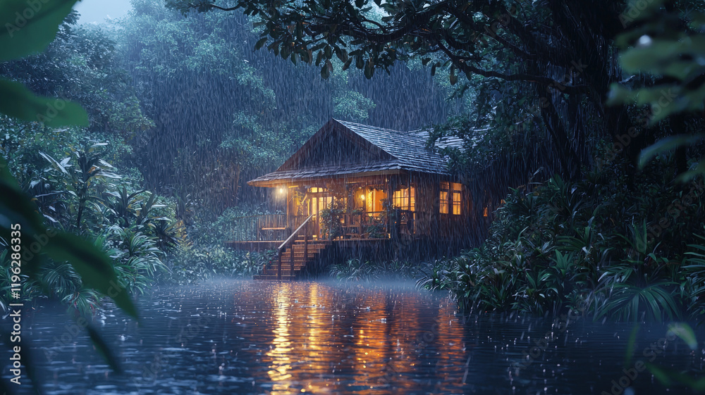 Fototapeta premium Traditional Asian Stilt House Glowing with Warm Light in Rainy Evening Forest Scene