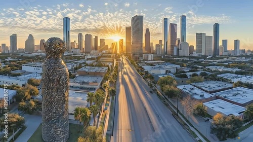 Sunrise over Houston skyline, highway, sculpture.  Use Travel, city guide