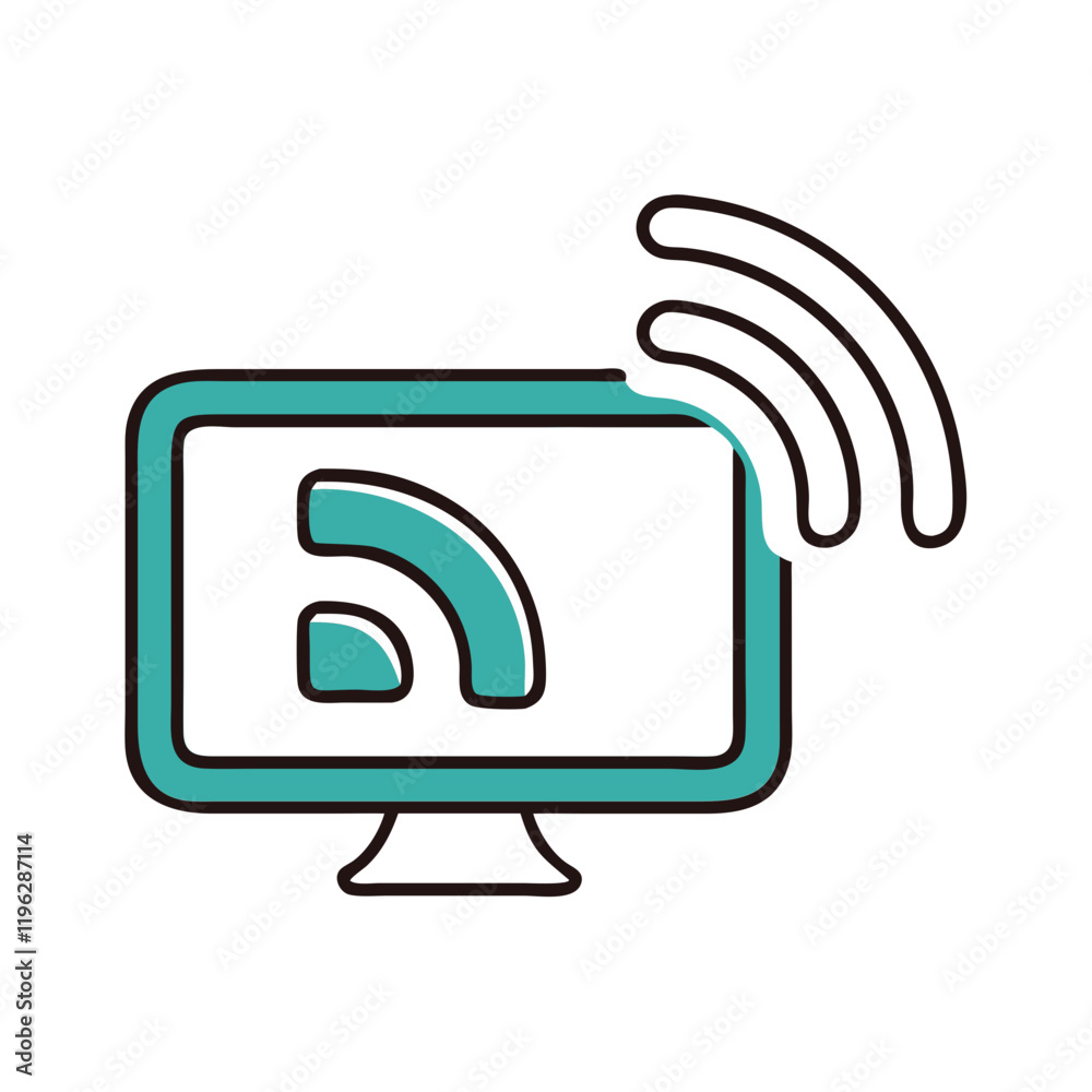Broadcast icon with monitor and signal waves in teal outline Broadcast icon with monitor and signal waves in teal outline