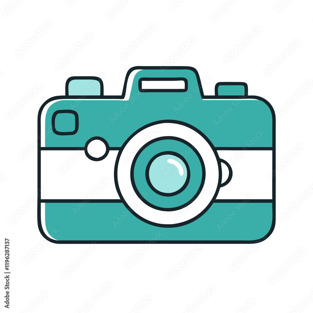 Camera icon with lens and details in teal outline Camera icon with lens and details in teal outline
