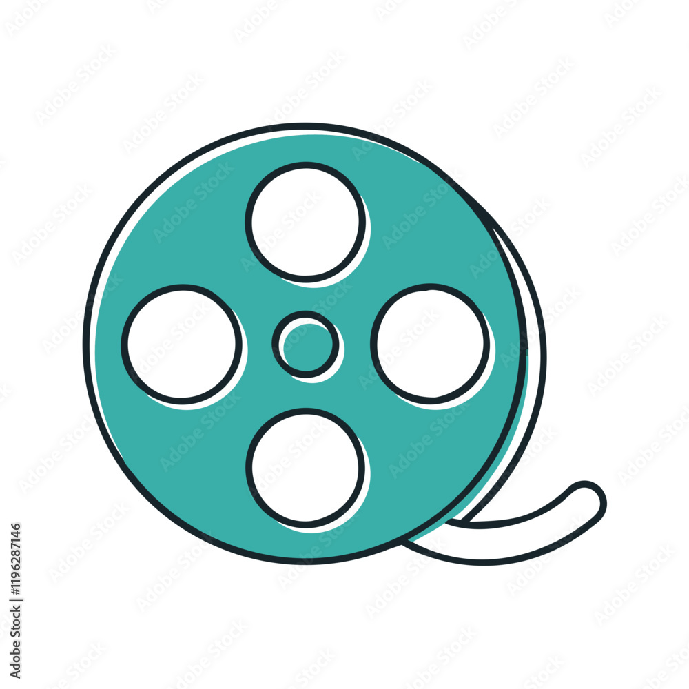 Film reel icon in teal outline for movie production. Film reel icon in teal outline for movie production.