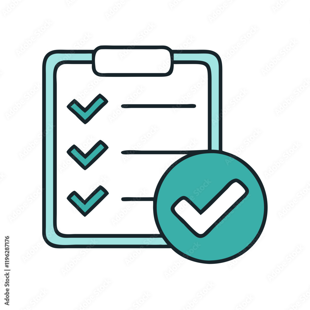 Checklist icon with clipboard and checkmarks in teal outline Checklist icon with clipboard and checkmarks in teal outline