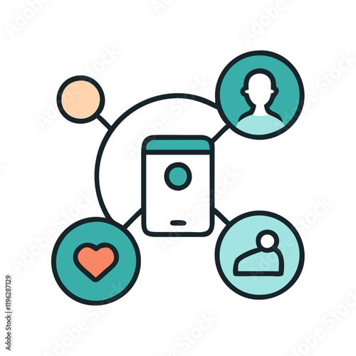 Social network icon with smartphone and connection nodes in teal.