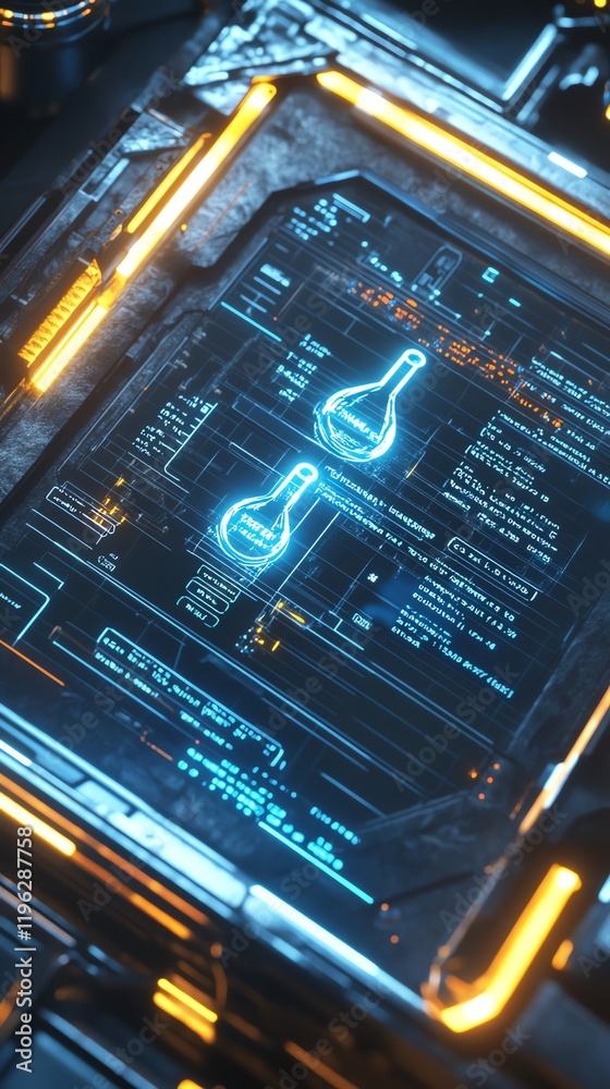 Futuristic holographic display with scientific data and glowing graphics. Futuristic holographic display with scientific data and glowing graphics.
