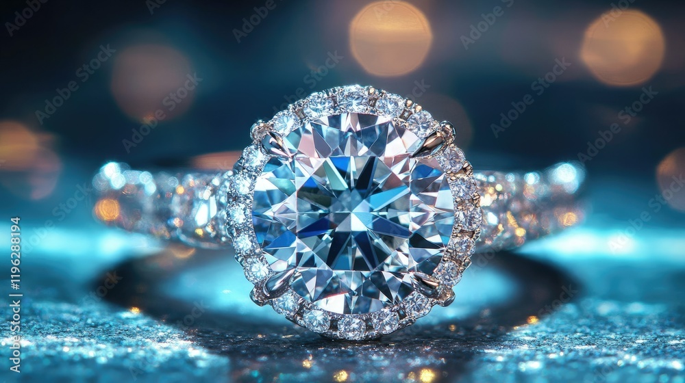 Fototapeta premium A macro shot of a diamond ring with intricate side stones, glimmering under soft studio lighting