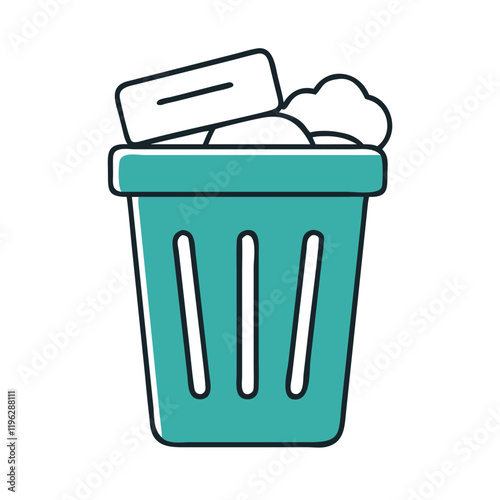 Trash bin icon with waste items in teal outline style