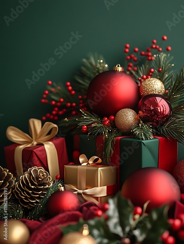 Luxurious Christmas Decor: Red & Gold Gifts, Ornaments, & Festive Greenery