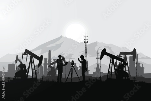 Oil pumpjack Vector, Silhouette of jack up drilling rig, illustration for background.