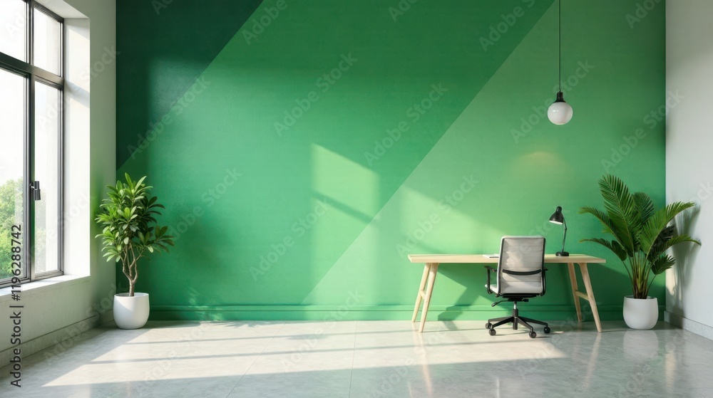 Modern Minimalist Home Office Workspace with Green Wall and Natural Light Modern Minimalist Home Office Workspace with Green Wall and Natural Light