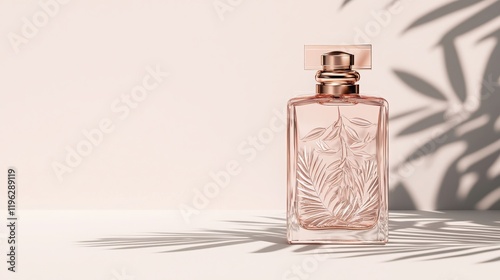 Elegant perfume bottle mockup simulation in minimalist style studio setting soft lighting and shadows