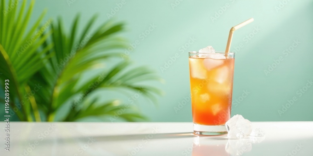 Refreshing Iced Beverage with Straw and Ice Cubes near Tropical Foliage on Bright Surface Refreshing Iced Beverage with Straw and Ice Cubes near Tropical Foliage on Bright Surface