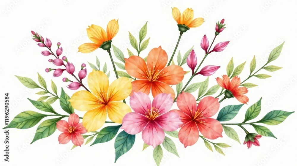 Fototapeta premium Vibrant Watercolor Floral Arrangement Featuring Delicate Blooms and Lush Greenery, Perfect for Wedding Invitations or Decorative Prints
