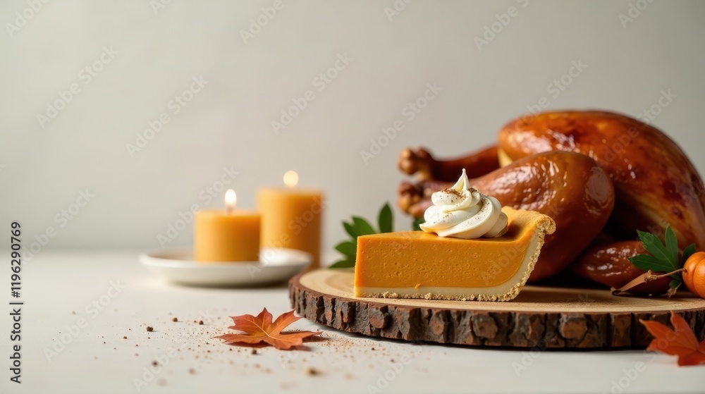Fototapeta premium Autumnal Feast A Slice of Pumpkin Pie with Whipped Cream Adorned by Candles and Fall Foliage Beside Roasted Poultry on Rustic Wood