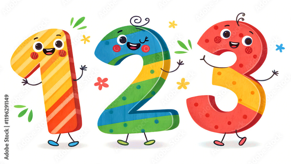 Obraz premium Number 123 in a bold and vibrant style for preschool kids on a white background bright colors, patterns, and textures 