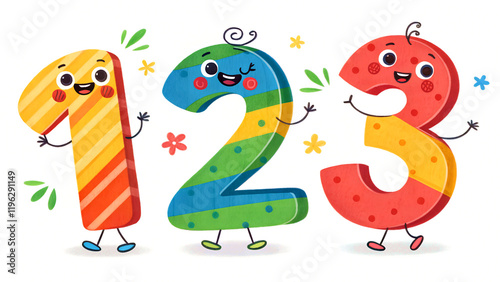 Number 123 in a bold and vibrant style for preschool kids on a white background bright colors, patterns, and textures 