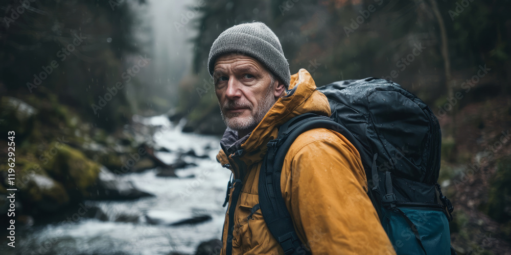 Portrait of an adventurous man with a backpack, looking at the camera and standing by the river in a forest on a rainy day, generative AI Portrait of an adventurous man with a backpack, looking at the camera and standing by the river in a forest on a rainy day, generative AI