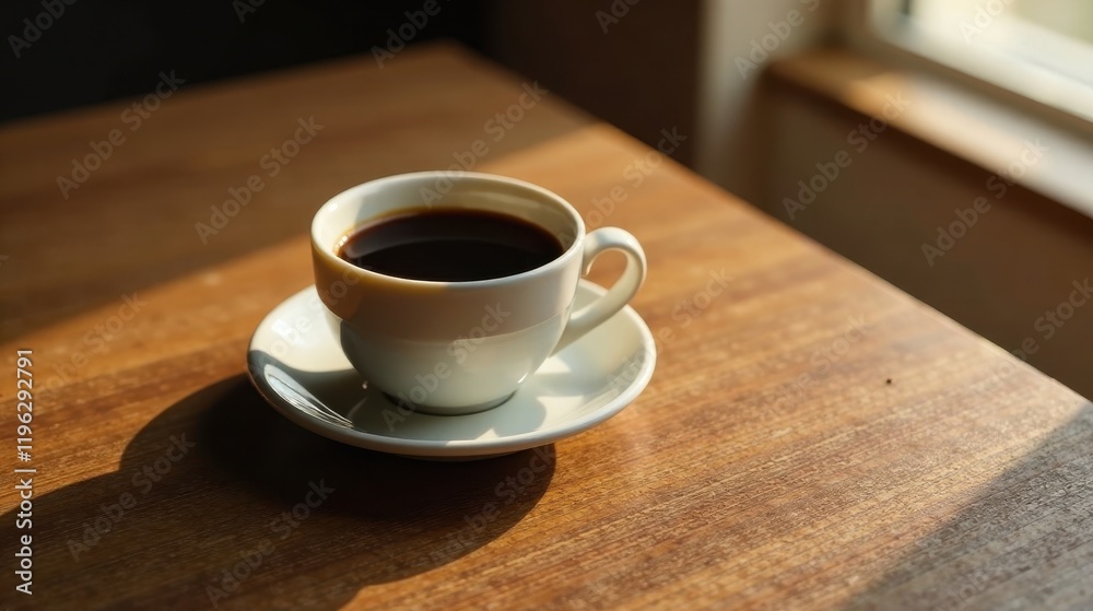 Aromatic Dark Coffee in a White Cup on Wooden Table in Sunlight Aromatic Dark Coffee in a White Cup on Wooden Table in Sunlight