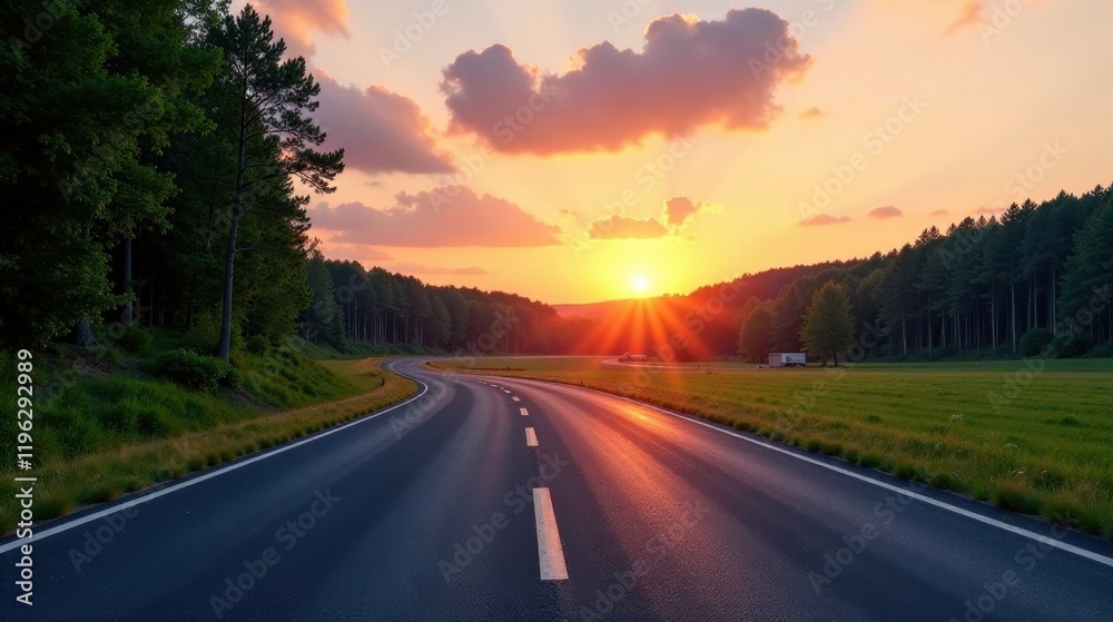 Serene Sunset Drive Along a Winding Asphalt Road Through Lush Green Fields and Tall Pine Trees Serene Sunset Drive Along a Winding Asphalt Road Through Lush Green Fields and Tall Pine Trees