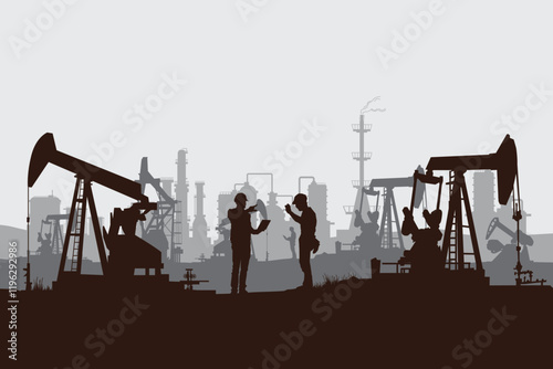 Oil pumpjack Vector, Silhouette of jack up drilling rig, illustration for background.