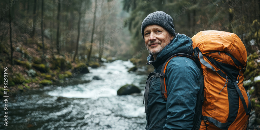 Portrait of an adventurous man with a backpack, looking at the camera and standing by the river in a forest on a rainy day, generative AI Portrait of an adventurous man with a backpack, looking at the camera and standing by the river in a forest on a rainy day, generative AI