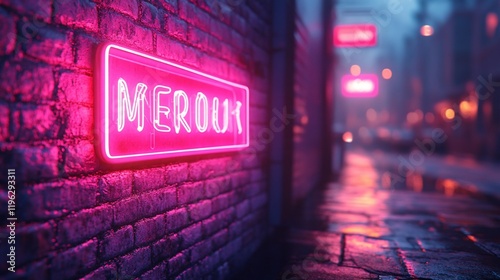 Neon Sign in a Rainy City Alley: Merou Nightlife Ambiance photo