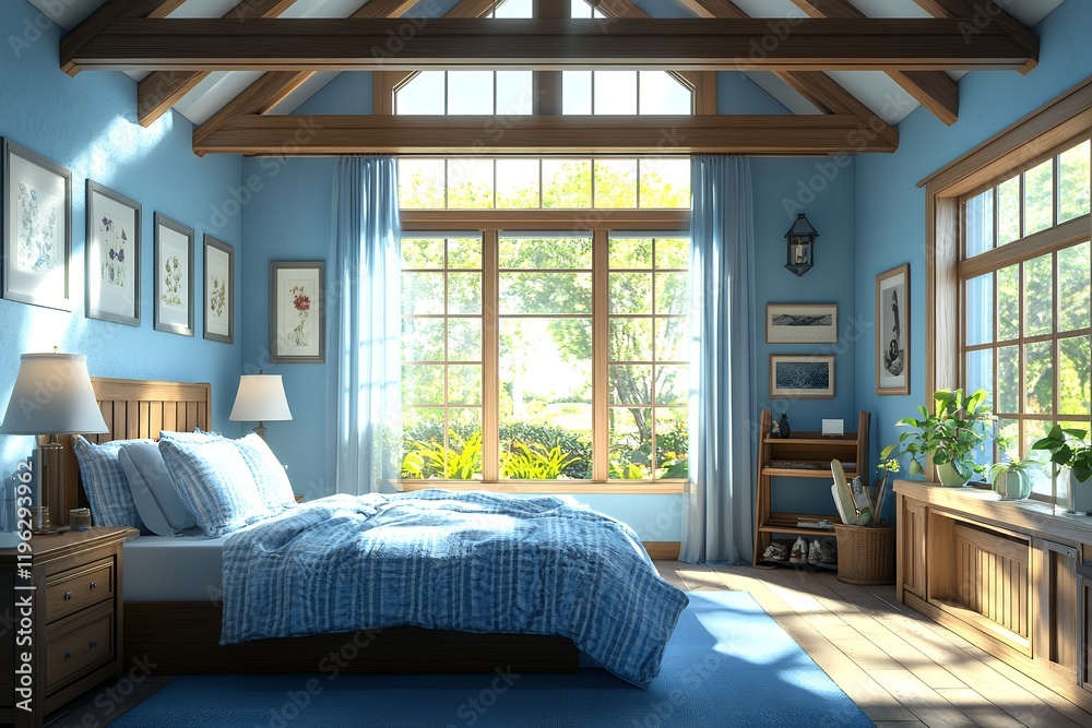 A bright, blue bedroom with large windows letting in plenty of sunlight. The room is decorated with rustic wood beams and features a comfy bed with blue linens. A bright, blue bedroom with large windows letting in plenty of sunlight. The room is decorated with rustic wood beams and features a comfy bed with blue linens.