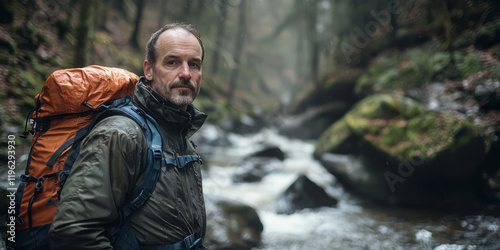 Portrait of an adventurous man with a backpack, looking at the camera and standing by the river in a forest on a rainy day, generative AI
