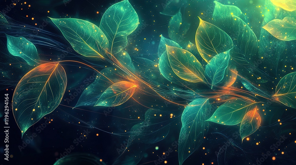 Obraz premium Dynamic eco theme with glowing abstract lines and vibrant foliage textures