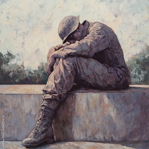 Weary Soldier Resting on Muted War Memorial Profound Sense of Faded Glory and Loss