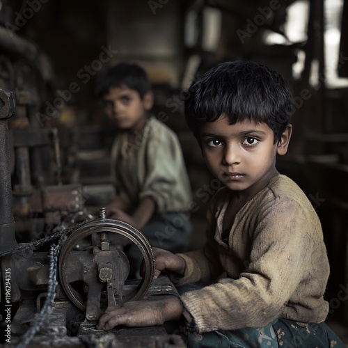Impoverished Child Laborers Toiling in Claustrophobic Factory Conditions with Delicate Hands Operating Machinery