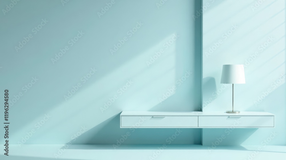 Serene Minimalist Interior Design Featuring a Floating Shelf and Table Lamp in a Light Blue Room Serene Minimalist Interior Design Featuring a Floating Shelf and Table Lamp in a Light Blue Room