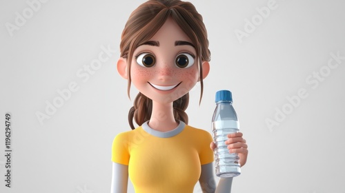 Healthy woman cartoon illustration in 3D, holding a water bottle with a bright smile, showcasing an active lifestyle in a playful style 