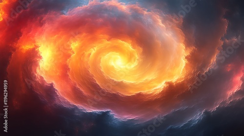 Fiery spiral cloud formation in dark sky.