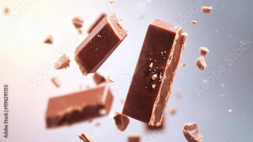 Delicious chocolate bars floating in air, surrounded by sweet chocolate crumbs, create tempting dessert scene that embodies essence of cocoa confectionery snacks.