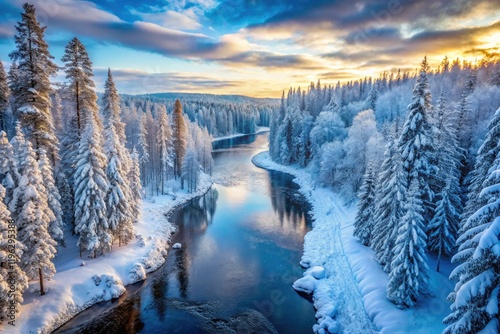 Oulanka's snowy boreal forest showcases the Kitkajoki River's icy beauty in a stunning Finnish winter landscape. photo