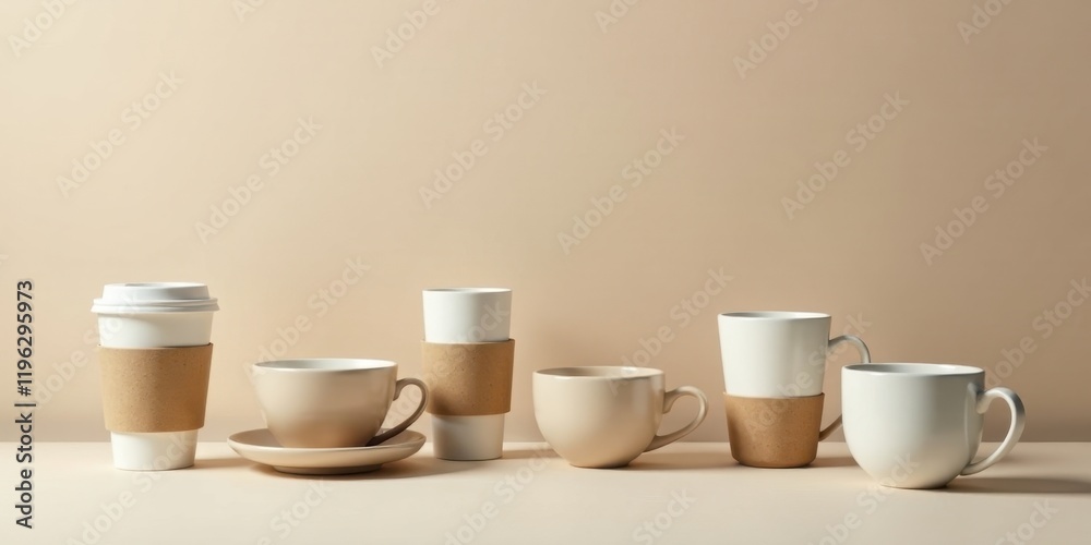 A Simple Arrangement of Coffee Cups and Sleeves on a Neutral Background A Simple Arrangement of Coffee Cups and Sleeves on a Neutral Background