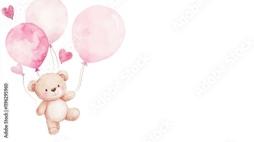 Adorable Teddy Bear Ascending with Pink Watercolor Balloons