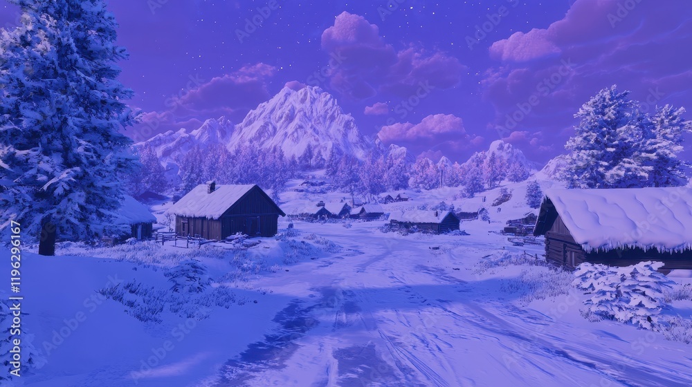 Naklejka premium A snowy landscape with a road and houses