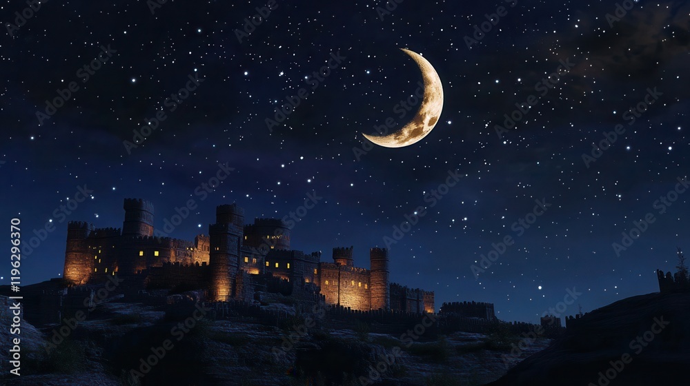 Naklejka premium Ancient Castle under a Crescent Moon and Starlit Sky