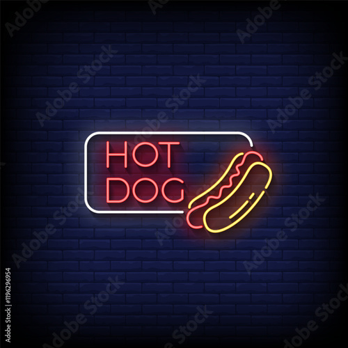 hot dog neon sign with brick wall background vector