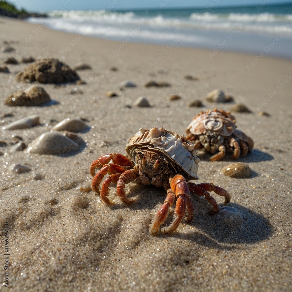 Focus on hermit crabs exploring the shoreline. Focus on hermit crabs exploring the shoreline.