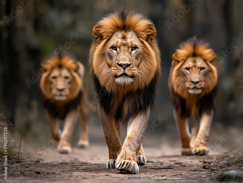 Three magnificent lions stroll through a dark forest. The image captures their raw power and beauty.