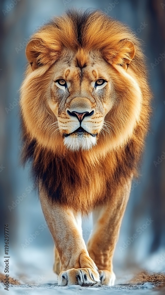 Fototapeta premium A magnificent male lion strides forward, his gaze intense. The image captures raw power and beauty.