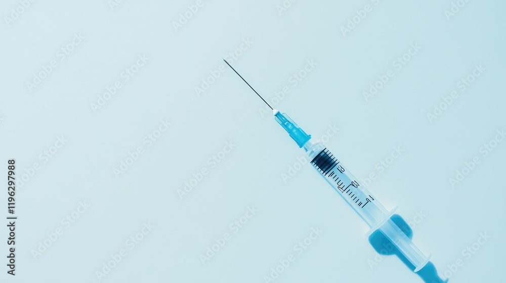 A single syringe with a needle displayed horizontally on a pristine white background A single syringe with a needle displayed horizontally on a pristine white background