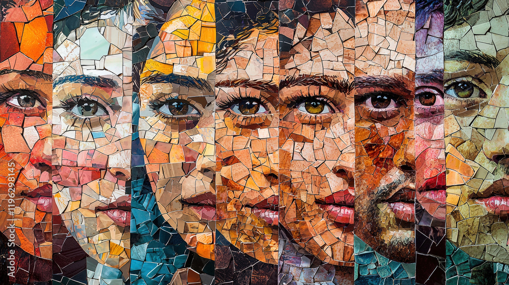 Fototapeta premium Contemporary Mosaic Portrait Collage with Colorful Segments in Street Art Graffiti Style Design