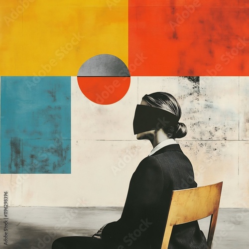Blindfolded Interviewee Facing Systemic Corporate Discrimination in Minimalist Office Setting