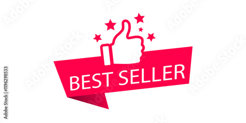Red vector illustration banner best seller or recommended with thumbs up.
